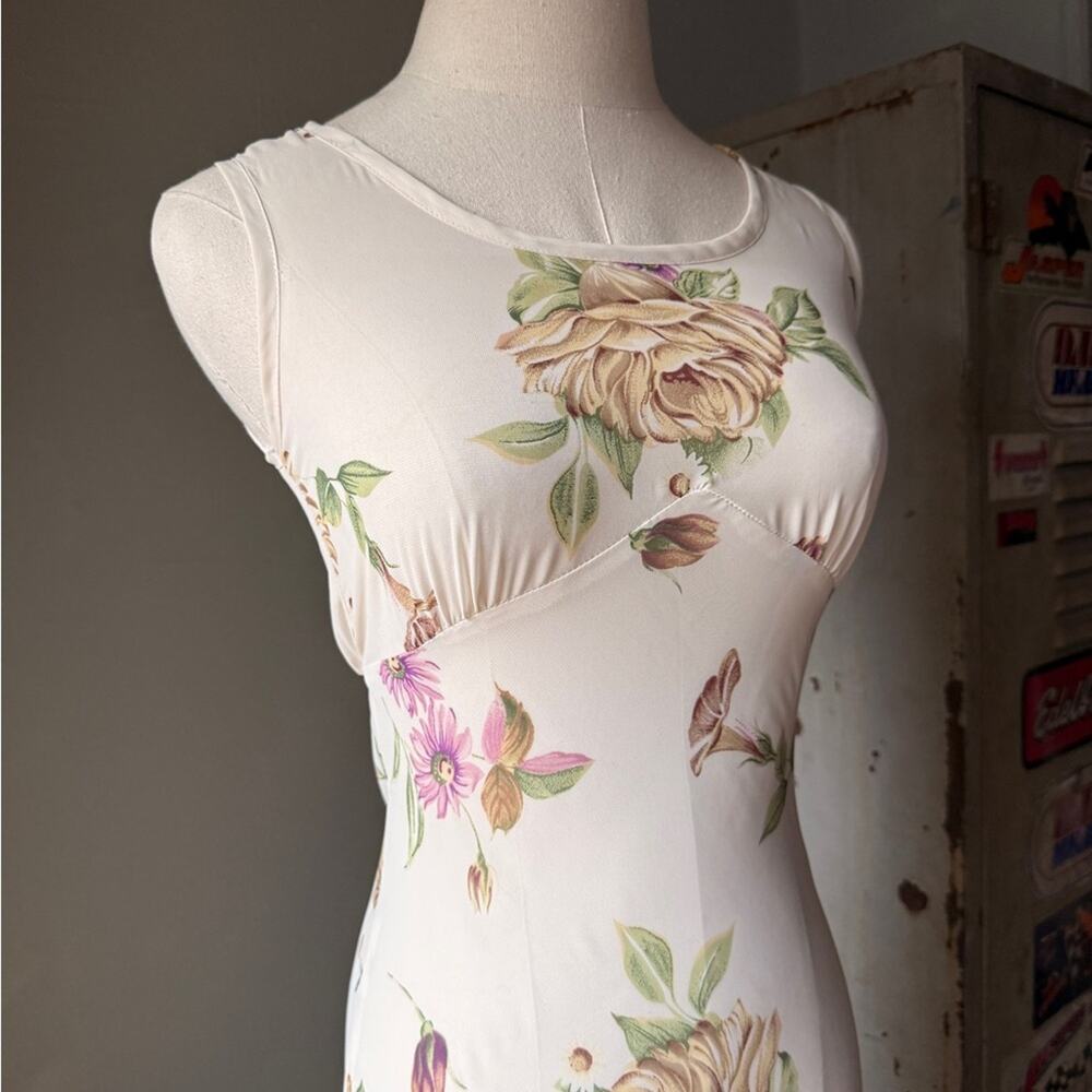 Vintage 90s Floral Slip Maxi Dress | Bias Cut Cream Rose Print Cottagecore | XS - Picture 5 of 10
